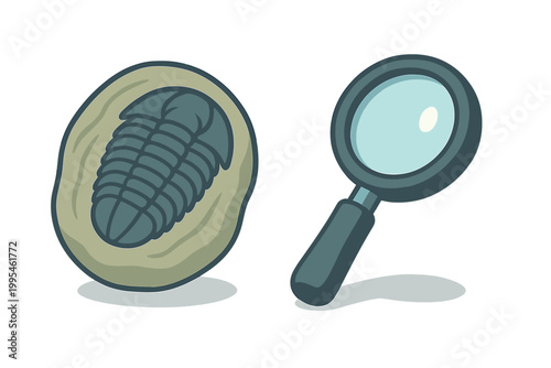 Trilobite fossil specimen lying next to a magnifying glass for paleontological study