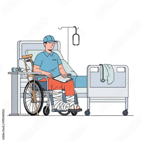 Man in wheelchair with broken leg.