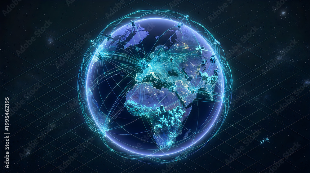 Obraz premium Global communication network with satellite connections on dark globe
