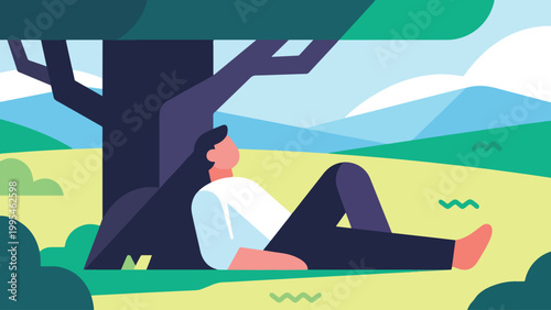 Illustration Of Person Relaxing Under Tree Vector Design Template