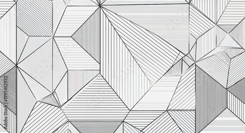 Visually striking abstract geometric pattern featuring an intricate network of interconnected polygons and triangles filled with varying line orientations, creating a modern monochrome design.