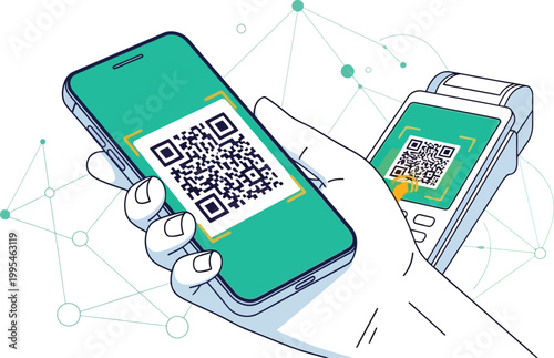 Hand holding a smartphone displaying a QR code for secure mobile payment, being scanned by a modern POS terminal for seamless digital transactions.