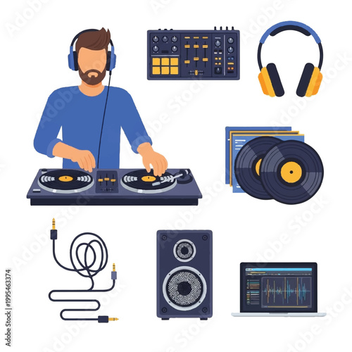 Man wearing headphones using dj console.