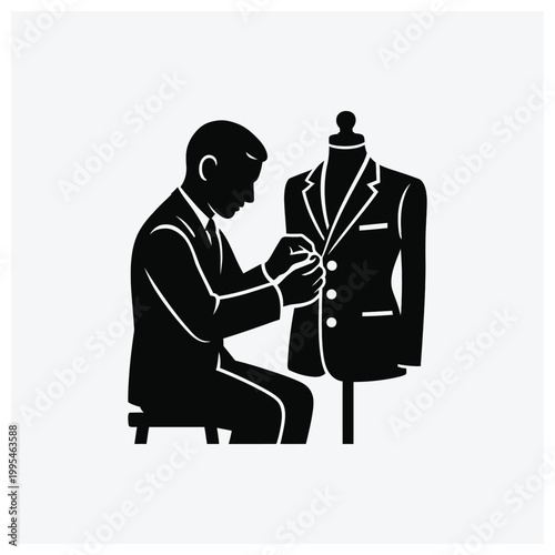 Tailor adjusting suit jacket on mannequin silhouette