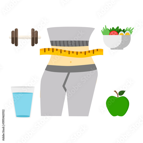 Health and fitness concepts with a bowl of salad, a green apple, dumbbells and a glass of water.