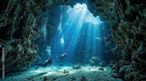 Scuba divers explore underwater cave with sunlight shining through entrance