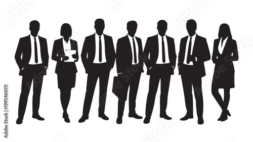 Professional Business Silhouette Figures in Formal Attire for Corporate Financial and Tech Concepts