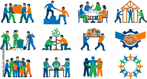 Community Service & Teamwork Illustration Set – Volunteering, Collaboration, Social Support