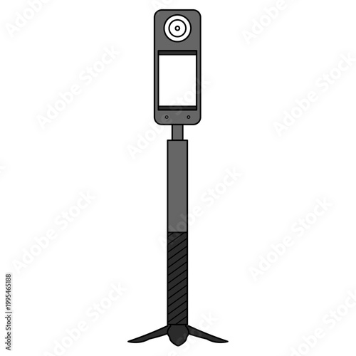 三脚スタンド付きのセルカ棒に装着された360度カメラの様子｜パノラマ撮影やVR動画制作に便利なデジタルガジェットのベクターイラスト