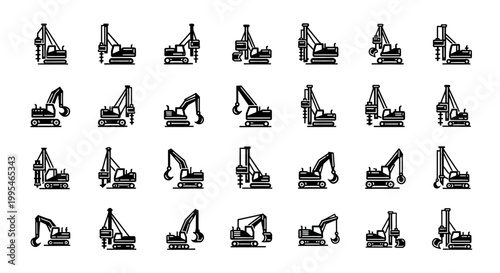 Construction Equipment Icons: Excavators, Cranes, and Drilling Machines