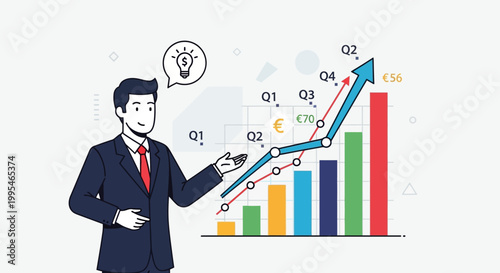Businessman presenting upward financial growth chart with lightbulb idea and euro symbols