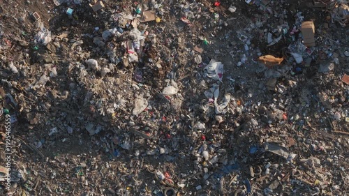 Top-down aerial view of cow grazing amidst vast expanse of domestic waste in landfill, highlighting issues of animal welfare, food safety,, environmental contamination concepts in rural countryside