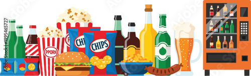 Vending Machine Snacks and Beverages Including Chips, Soda, Burgers, and Popcorn for Food, Snacks, and Drink Illustrations