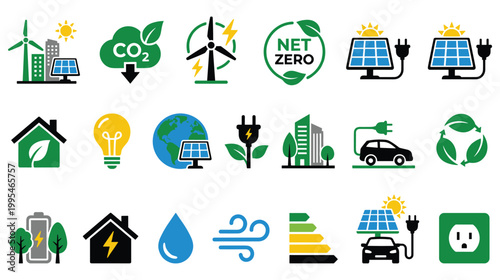 Renewable energy and eco friendly icons for sustainability and environment protection.