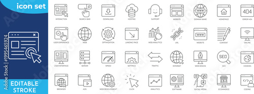 Website icon set. Editable stroke. Contain icons related to Containing web design, internet, content, SEO, hosting, blog, homepage, e-commerce, and more. Outline Icon Collection.