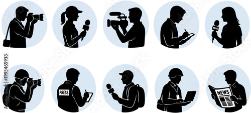 Journalism & Media Silhouette Icon Set – Reporter, Cameraman, Interview, News Coverage