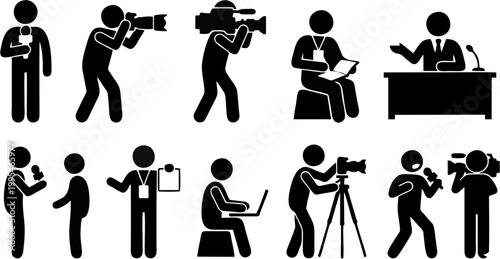 Media & Journalism People Silhouette Icon Set – Reporter, Cameraman, Interview, Broadcasting
