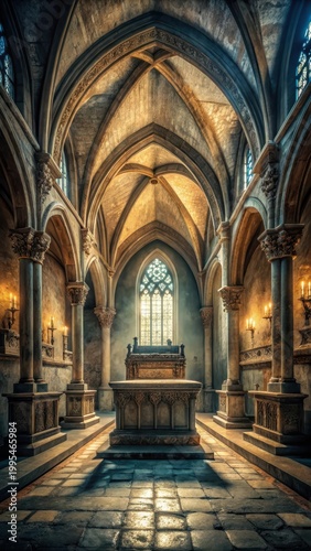 A photo of an ancient churchs crypt with a large, faded stone altar in the center, surrounded by rows of narrow, arched windows and intricate carvi