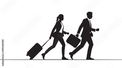 Business Travel Silhouettes of Businessman and Businesswoman with Luggage for Global Corporate Trip