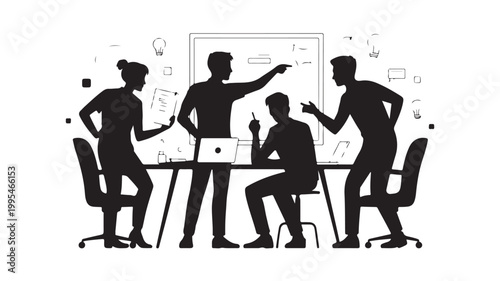 Business Brainstorming Silhouette Vector Depicting Team Innovation and Creative Idea Discussion