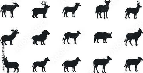 Black farm animal silhouette icon set featuring cow goat sheep horse and deer for agriculture and livestock design use