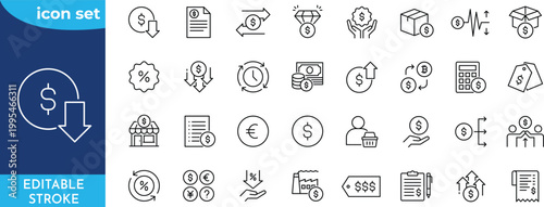 Price line editable icon set. Editable stroke. Containing price, cost, quotation, price tag, invoice, estimate, product, discount and more.