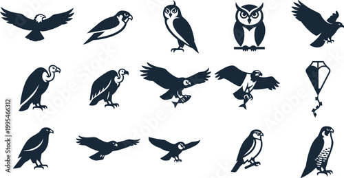 Black silhouette bird icon set featuring eagle owl falcon hawk vulture vector collection for wildlife logo branding design