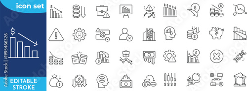 Crisis line editable icon set. Editable stroke. Contain icons related to crisis, decrease, risk, alert, failure, layoff, job fired, pay cuts, low cost, breakdown, and more.