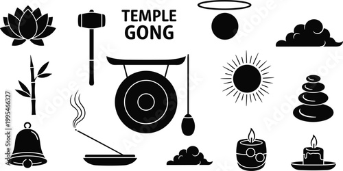 Temple Zen Silhouette Icons Set with Gong Lotus Symbols