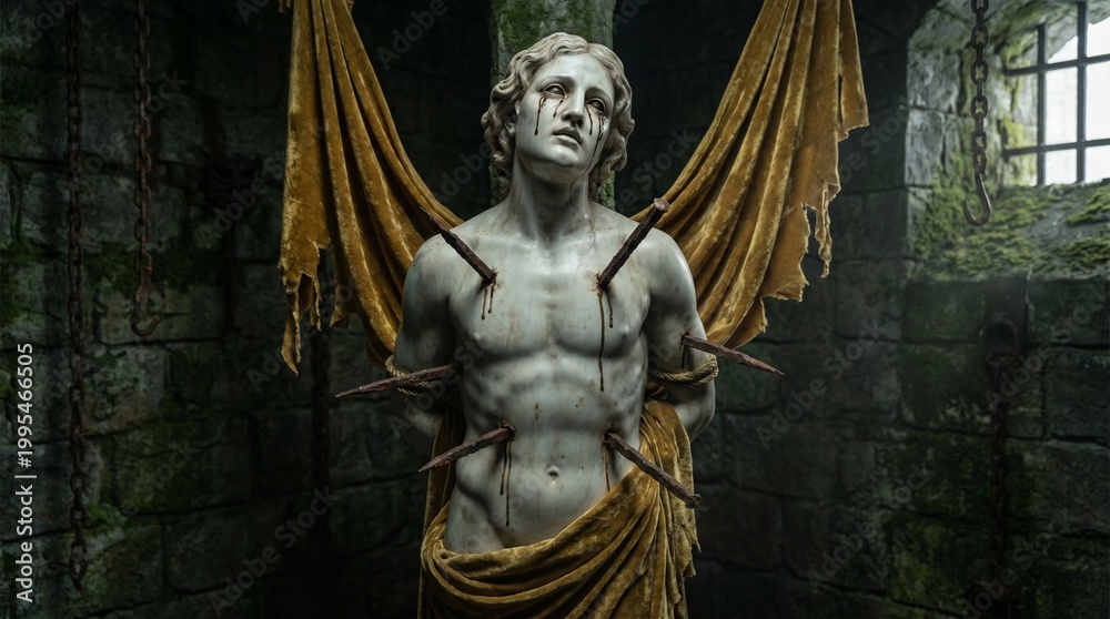 Fototapeta premium A marble statue of a man with nails piercing his torso and blood dripping from his eyes, draped in gold fabric.