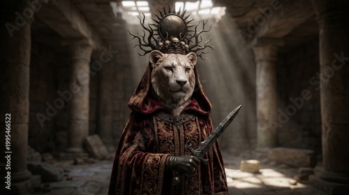A regal lion wearing a hooded cloak and crown holds a dagger, standing in a ruined ancient building with light beams.
