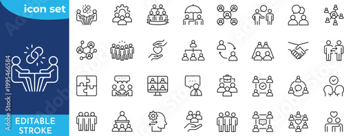 Human Interaction Line Icons set. Editable stroke. Containing communication, connection, chat, relationships, socializing, meetings, group, relationship and more.