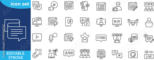 Blogging icon set. Editable stroke. contain icons related to content, blogging, influencer, creation, vlogger, social media, digital marketing. and more.