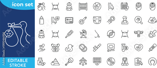 Pregnancy Line Icons set. Editable stroke. Contain icons related to motherhood, fertility, hormone therapy, medical examination, and more.