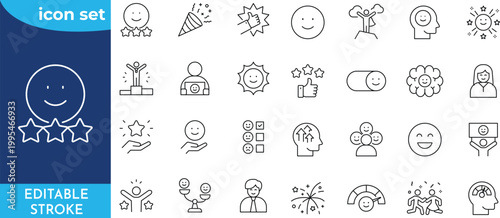Happiness line icon set. Editable stroke.