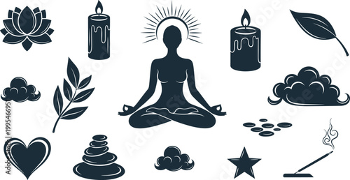 Yoga Meditation Silhouette Icons Set with Lotus Candle Symbols