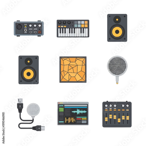 Music production studio electronic equipment tools.