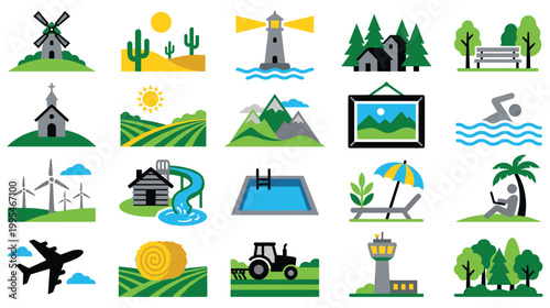 Set of travel landmarks, landscape views, and entertainment for vacation.