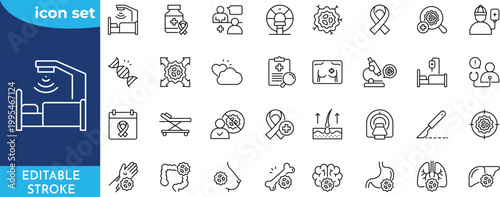 Cancer outline editable icon set. Editable stroke. Contain icons related to oncology, tumor, ribbon, types of cancer, medical treatment, and more.