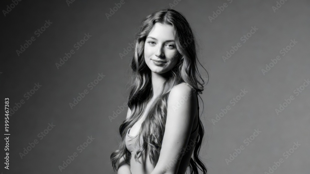 Naklejka premium Young woman posing in black and white studio portrait
