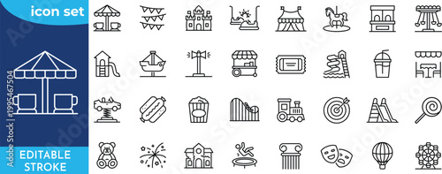Amusement park line icon set. Editable stroke. featuring Circus, roller coaster, ferris whell, street food, and more .