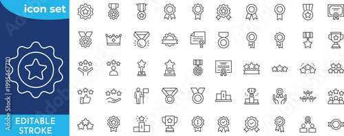 Awards icon set. Editable stroke. containing badge, trophy, certificate, and more. Outline Icon Collection.
