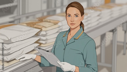 Female quality inspector with clipboard in a food production facility