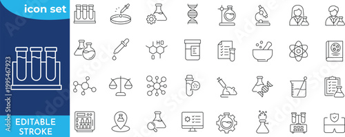 Laboratory icon set. Editable stroke. Containing experiment, test tube, microscope, flask, chemical, biology, research, lab and more. Outline Icon Collection.