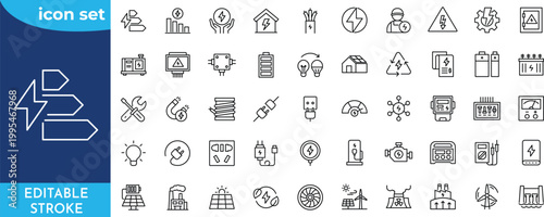 Electricity and electrical energy icon set. Editable stroke. Contains icons Electric power line, light, light bulb and electrical equipment. Outline Icon Collection.