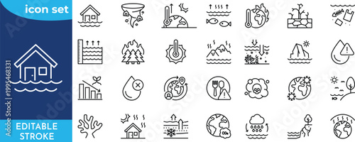Global Warming line icon set. Editable stroke. Contain icons related to climate change, ecology, environmental disaster, polution, and more.