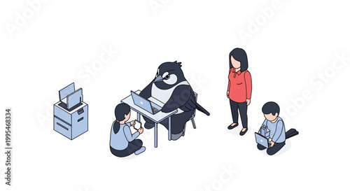 Cartoon Penguin Supervising Children Working on Laptop and Tablet.