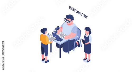 Isometric Illustration of a Teacher Explaining Science to Students.