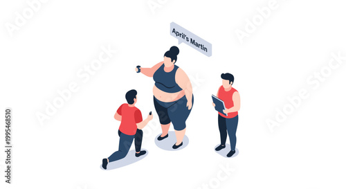 Isometric illustration of a fitness instructor guiding two clients during workout.