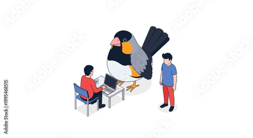 Illustration of a Giant Bird Supervising Two People Working.